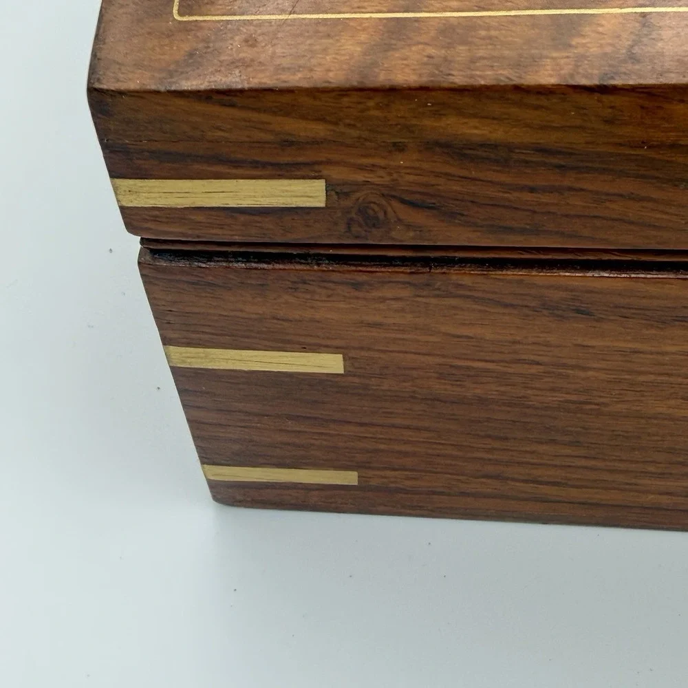 Vintage Wood Jewelry Keepsake Box Brass Inlay Locking - 2 Keys Felt Lined, 12x8